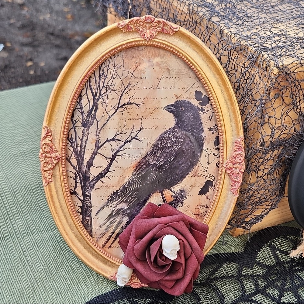 Hand Crafted Gothic Oval Picture Frame Matte Gold w/ Crow Insert Red Rose Accent